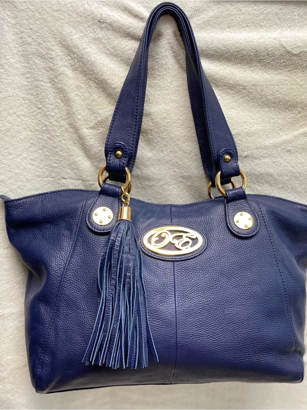 Onna Ehrlich Navy Blue Soft Pebble Leather Tassel Top Zip Tote Handbag Purse